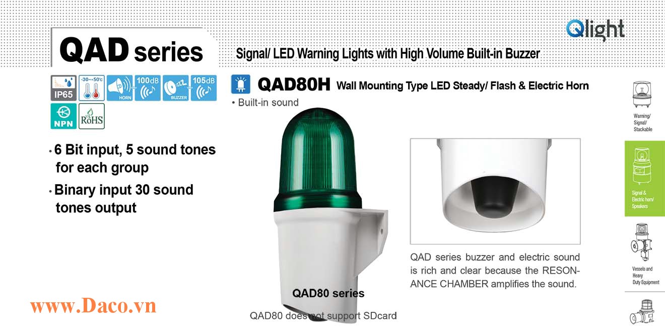 QAD80H-12/24-R Đèn báo hiệu Qlight gắn tường 30 âm báo 100dB ghi sẵn/SD Card MP3 IP65, 12VDC/24VDC