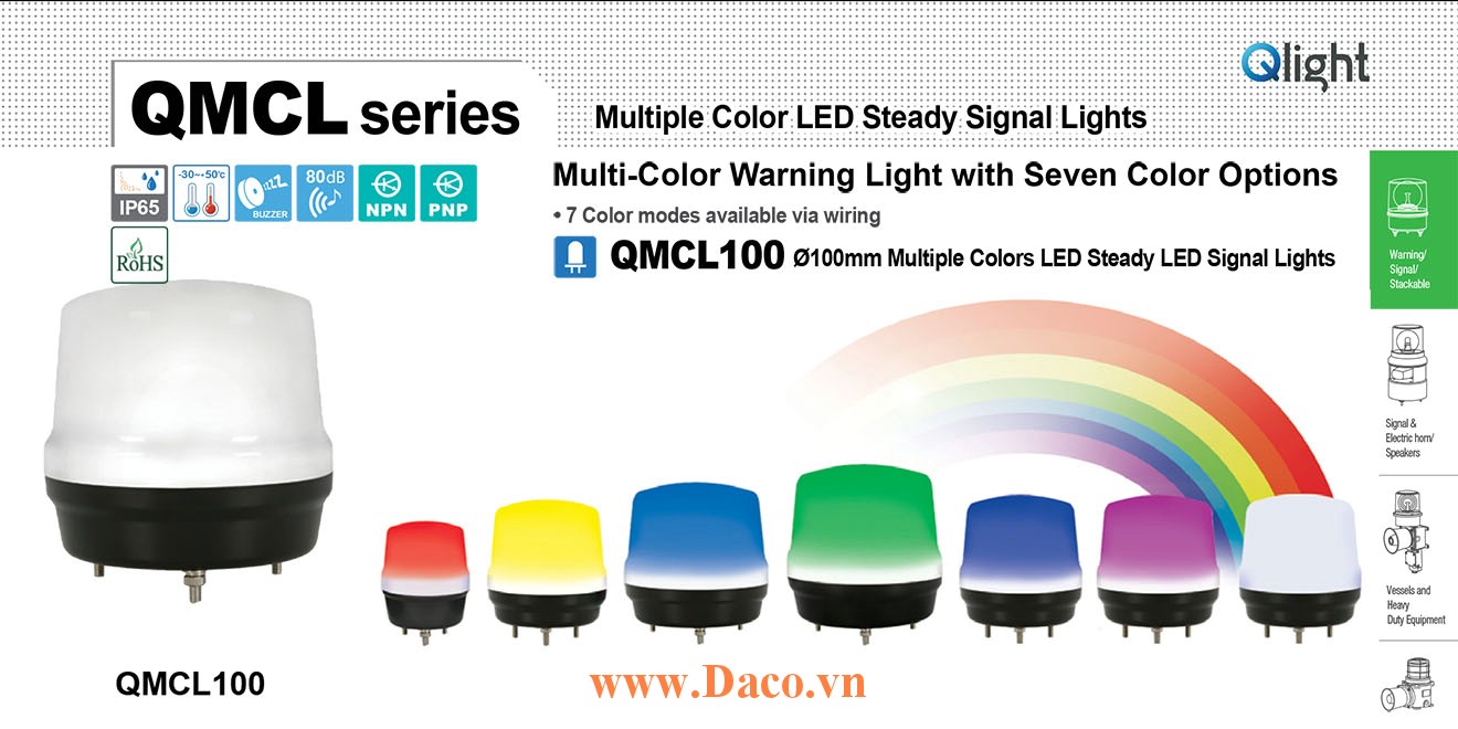 QMCL100-BZ-12 Đèn báo hiệu 7 màu Qlight Φ100 Bóng LED 12VDC IP65, CE