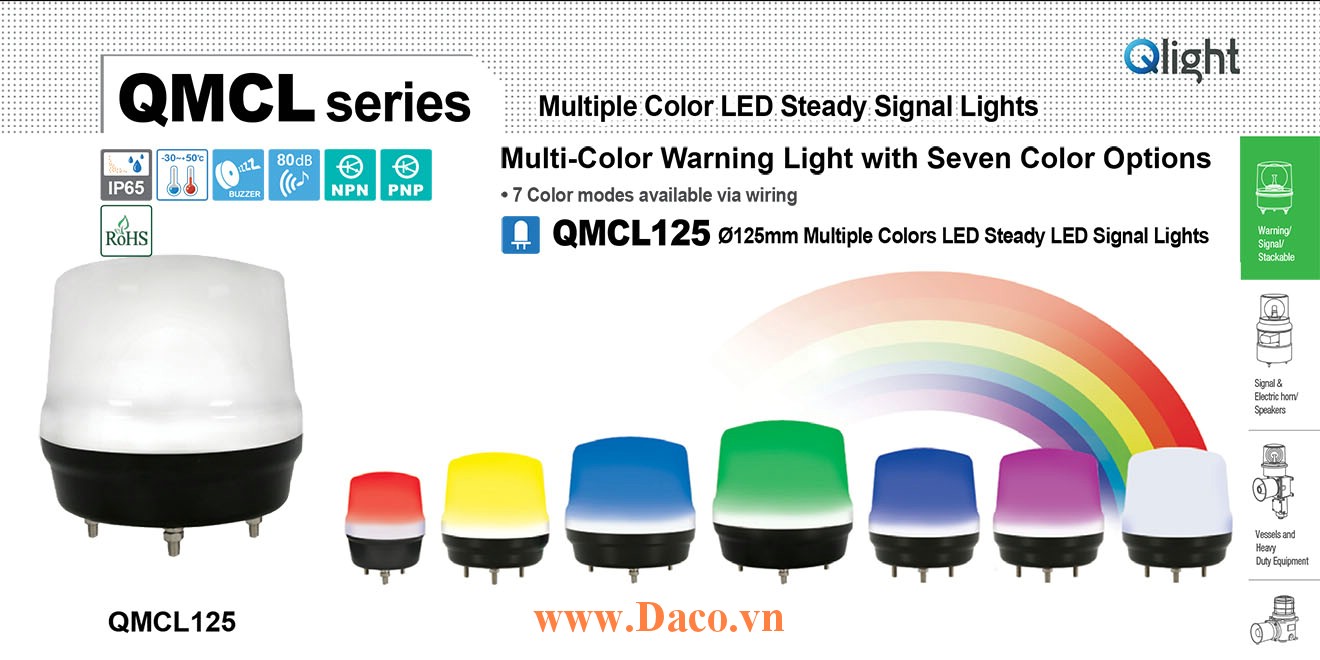 QMCL125-12 Đèn báo hiệu 7 màu Qlight Φ125 Bóng LED 12VDC IP65, CE