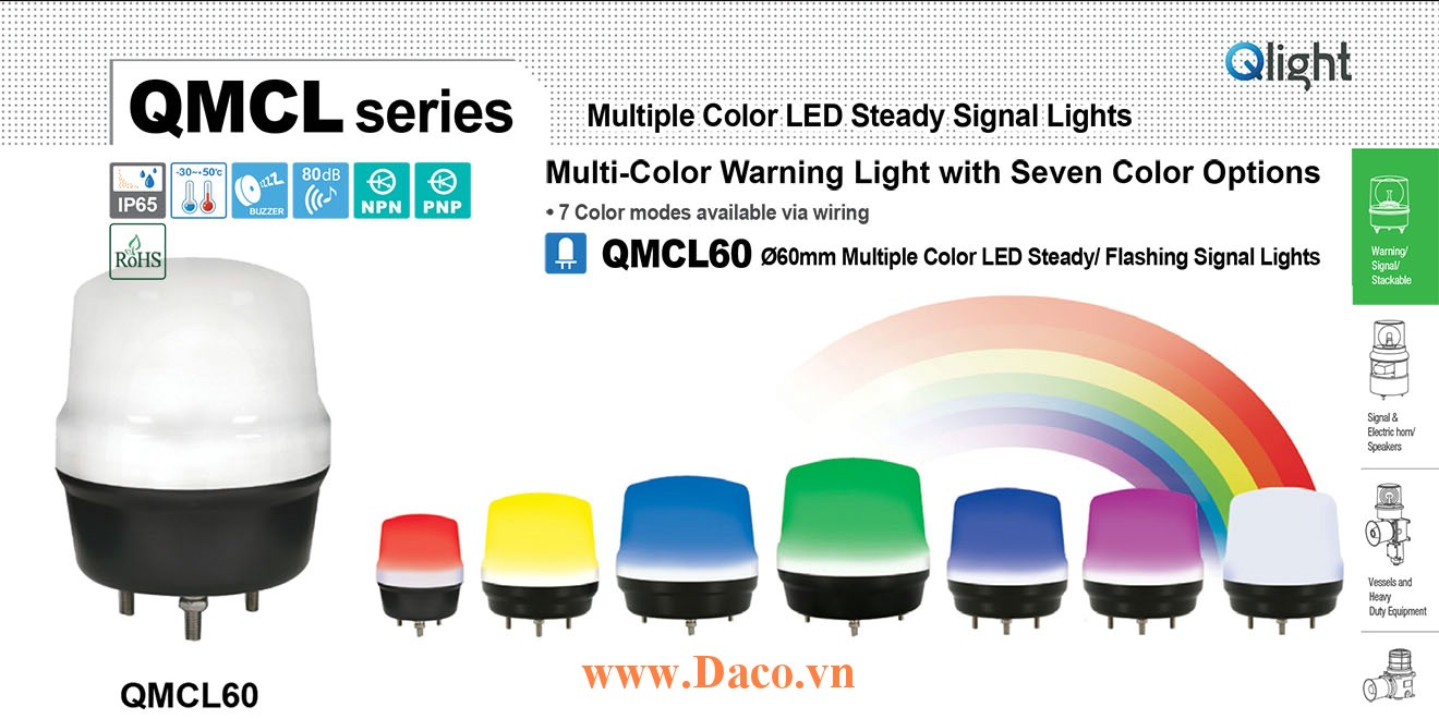 QMCL60-12 Đèn báo hiệu 7 màu Qlight Φ60 Bóng LED 12VDC IP65, CE