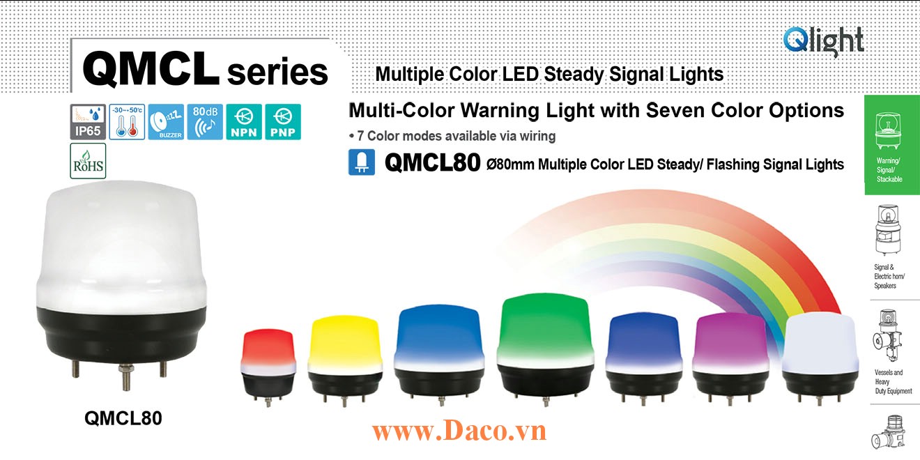 QMCL80-24 Đèn báo hiệu 7 màu Qlight Φ80 Bóng LED 24VDC IP65, CE