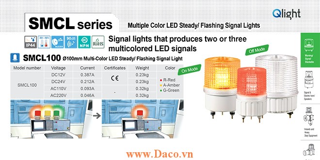 SMCL100-3-24-RAG Đèn báo hiệu 3 màu Qlight Φ100 Bóng LED 24VDC IP44, CE