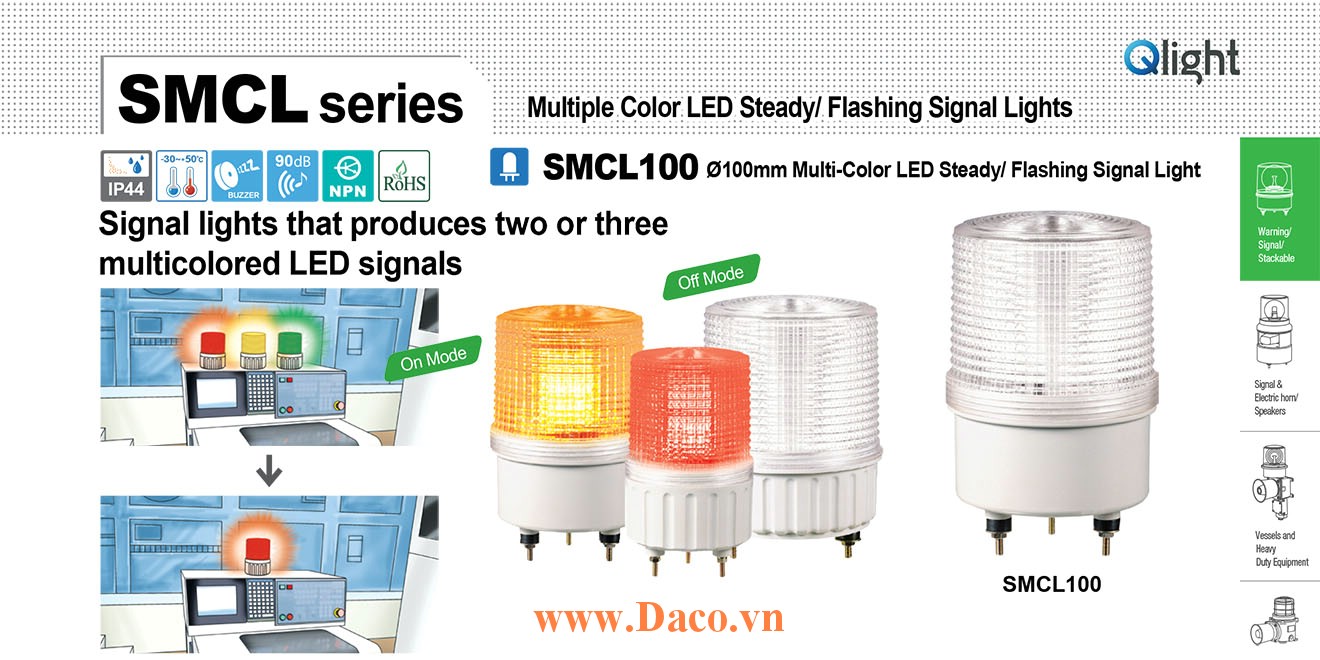 SMCL100-BZ-12-RAG Đèn báo hiệu 3 màu Qlight Φ100 Bóng LED Còi Buzzer 90dB 12VDC IP44, CE