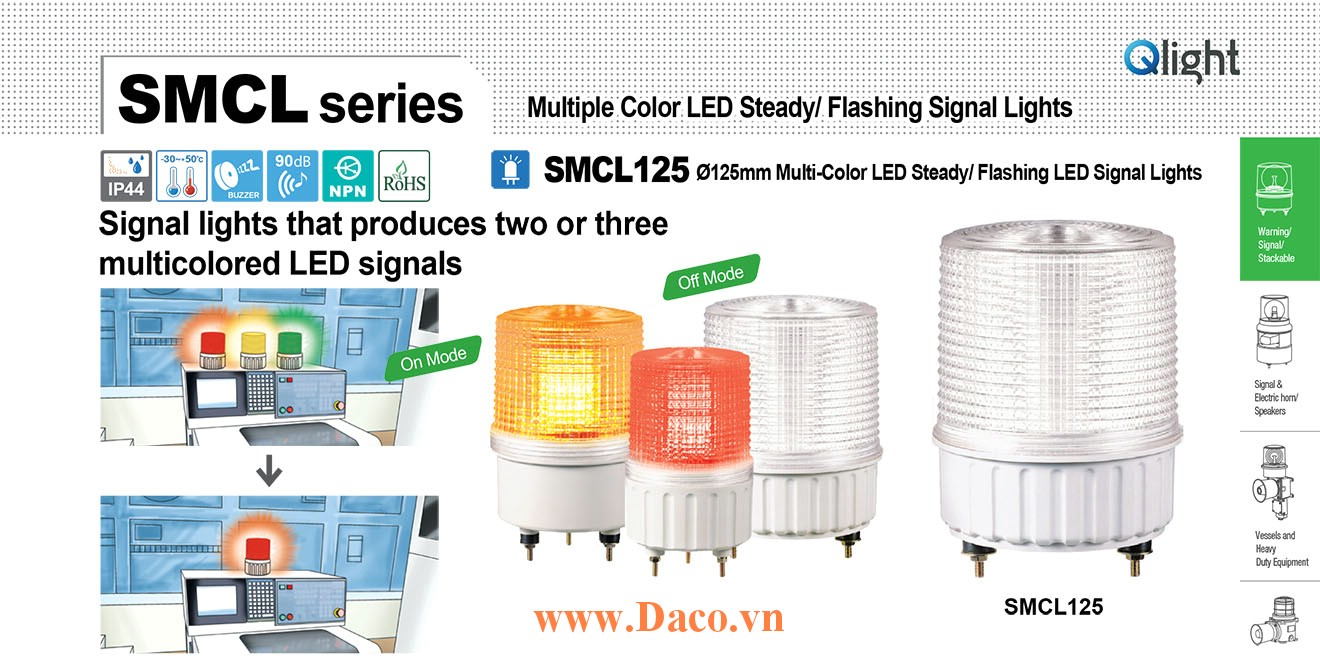 SMCL125-BZ-3-24-RAG Đèn báo hiệu 3 màu Qlight Φ125 Bóng LED Còi Buzzer 90dB 24VDC IP44, CE