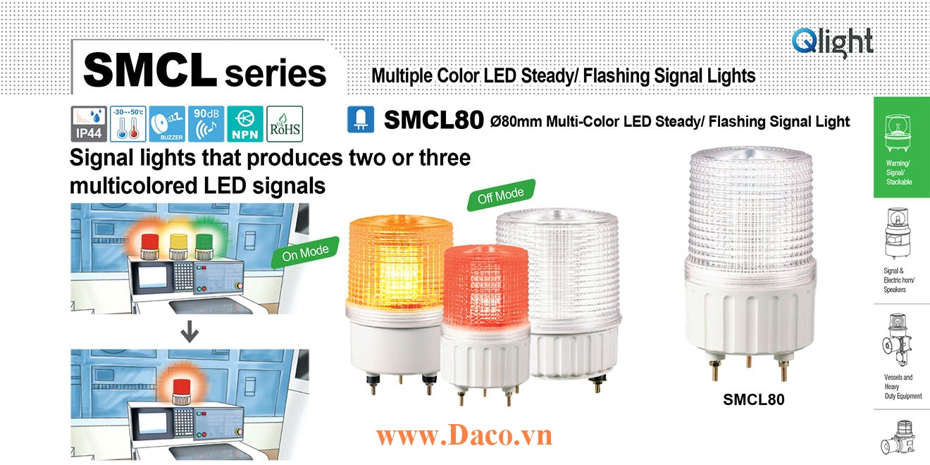 SMCL80-BZ-3-110-RAG Đèn báo hiệu 3 màu Qlight Φ80 Bóng LED Còi Buzzer 90dB 110 VAC IP44, CE