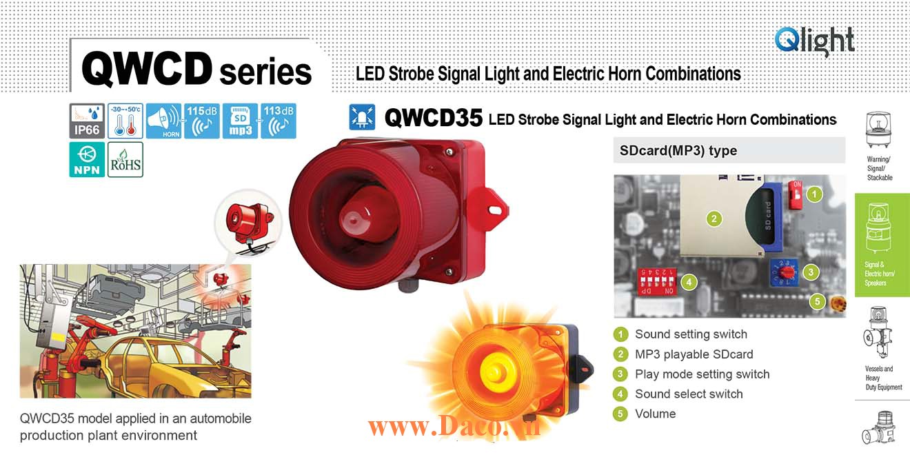 QWCD35SD-110/220-R-LC Đèn báo có Loa mp3 Qlight 31 âm báo nhạc MP3 SD 113dB IP66, CE, 110VAC/220VAC