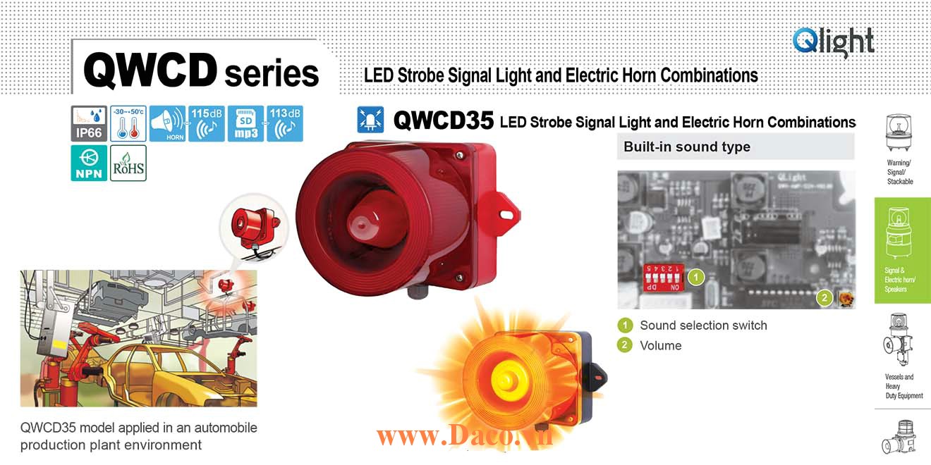 QWCD35-12/24-R-LC Đèn báo có Loa Qlight 31 âm báo 115dB IP66, CE, 12VDC/24VDC