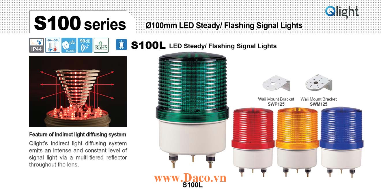 S100L-BZ-220-B Đèn cảnh báo Qlight Φ100 Bóng LED Nhấp nháy Còi Buzzer 90dB IP44