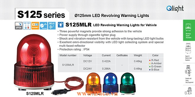 S125MLR-24-R Đèn báo hiệu nam châm hút dính, tẩu nguồn Qlight Φ125 Bóng LED 24VDC IP54