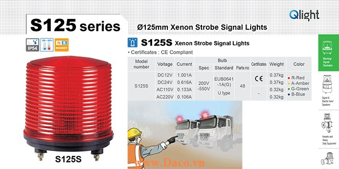 S125S-12-R Đèn cảnh báo Qlight Φ125 Bóng Xenon 12VDC IP54
