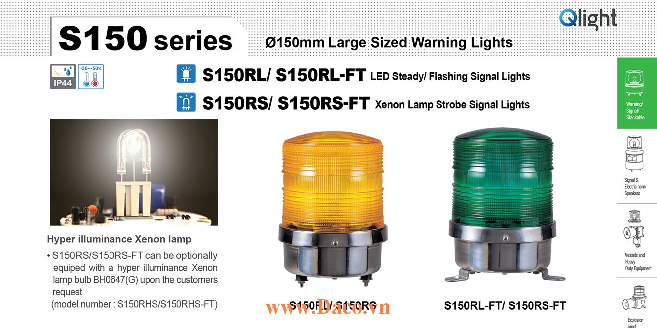 S150RS-24-R Đèn tín hiệu Qlight Φ150 Bóng Xenon 24VDC IP44