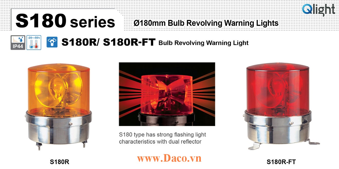 S180R-12-R Đèn quay tín hiệu Qlight Φ180 Bóng Sợi đốt 12VDC IP44