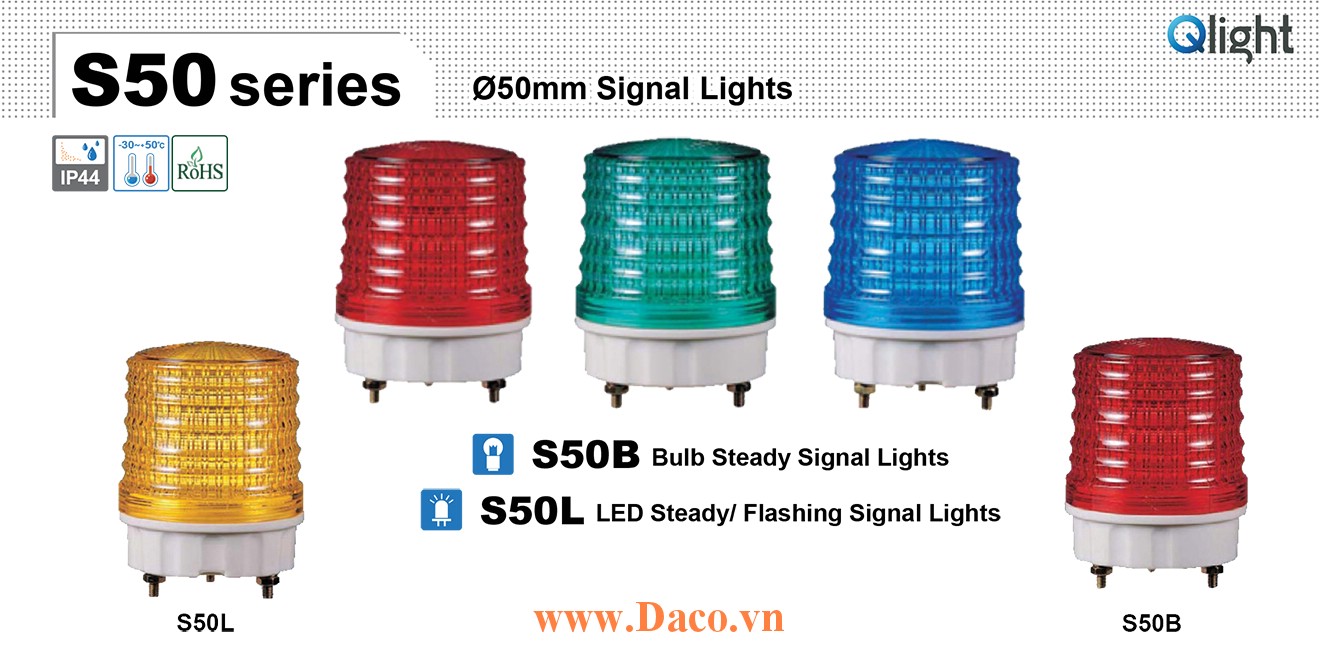 S50B-12-R Đèn báo hiệu Qlight Φ50 Bóng sợi đốt Sáng liên tục 12VDC IP44