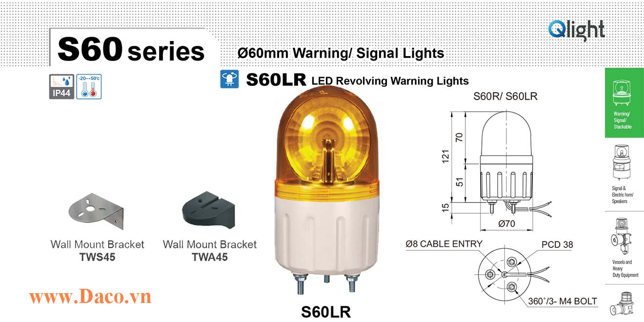 S60LR-24-B Đèn quay báo hiệu Qlight Φ60 Bóng LED Quay 24VDC IP44