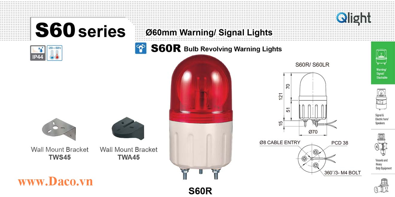 S60R-24-A Đèn quay báo hiệu Qlight Φ60 Bóng sợi đốt Quay 24VDC IP44