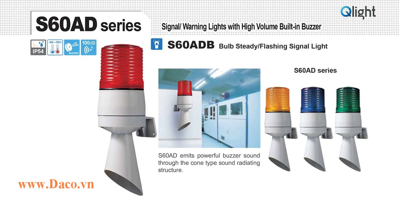 S60ADB-12-R Đèn báo hiệu gắn tường Qlight Φ60 Bóng sợi đốt Sáng Liên tục/Nhấp nháy Buzzer 100dB 12VDC IP54