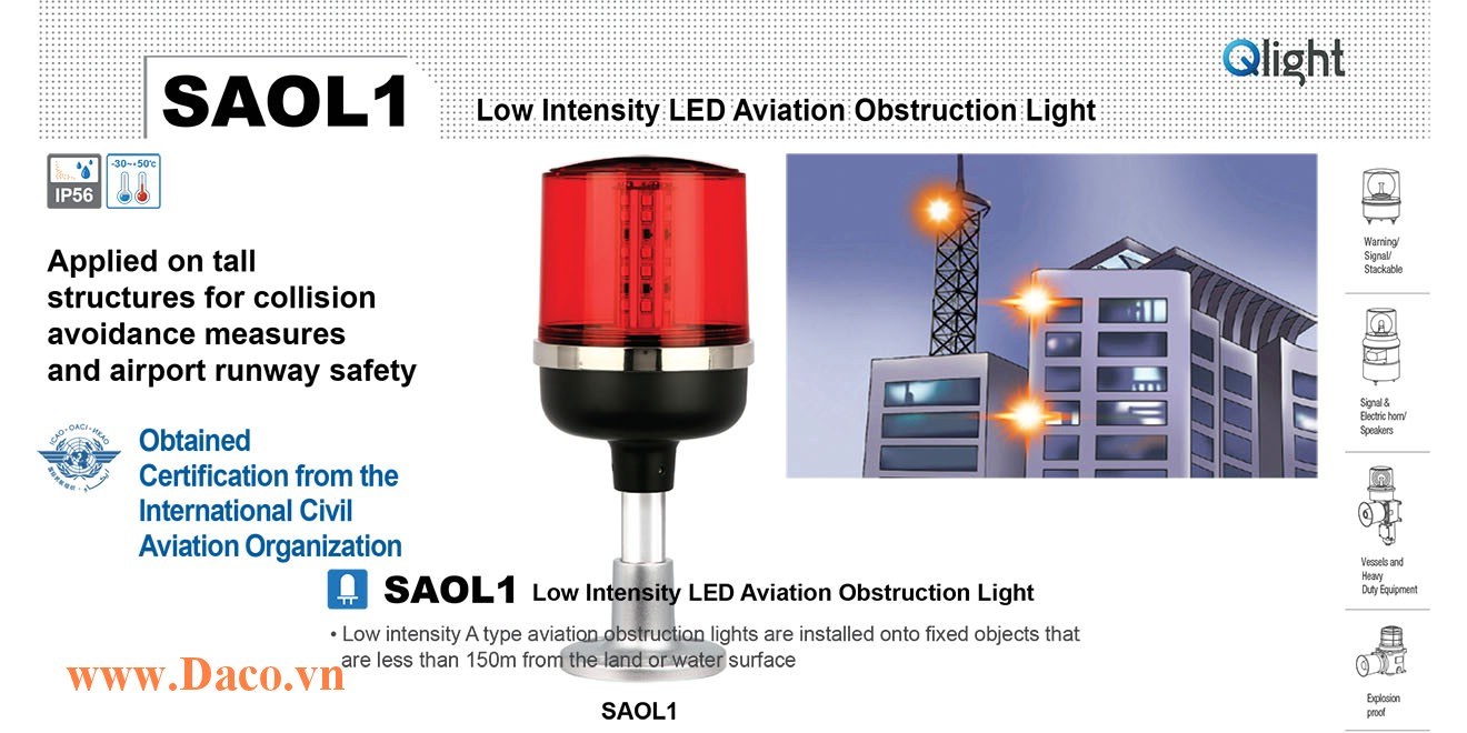 SAOL3-12-R Đèn báo không Qlight Φ157 Bóng LED Sáng Liên Tục 48cd/m IP66, ICAO, 12VDC