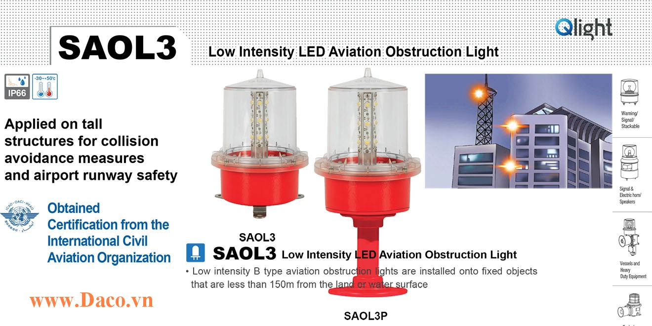 SAOL3P-24-R Đèn báo độ cao Qlight Φ157 Bóng LED Sáng Liên Tục IP66, ICAO, 24VDC
