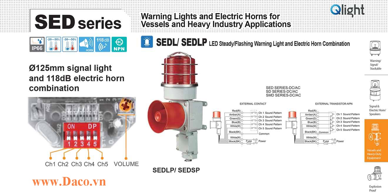 SEDLP-WM-220-B Đèn cảnh báo có loa Qlight Hàng hải Φ125 Bóng Bóng LED 5 âm melody 118dB IP66, KIM, ABS, KR, CCS, CE