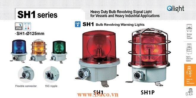SH1-24-G Đèn quay cảnh báo Qlight Φ125 Bóng Sợi đốt Quay IP66, KIM, ABS, CE, 24VDC