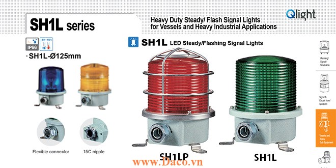 SH1LP-220-R Đèn cảnh báo Qlight Φ125 Bóng LED Nhấp nháy IP66, KIM, ABS, CE, Lồng Inox bảo vệ
