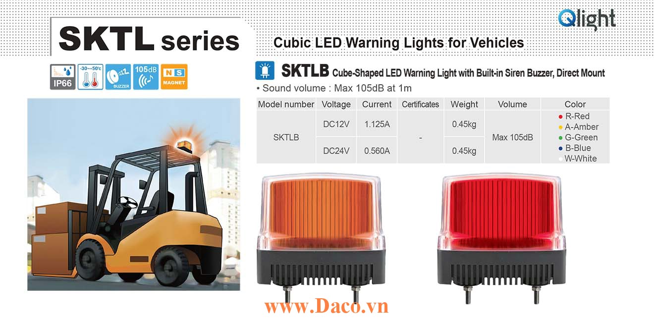 SKTLB-12-R Đèn báo nhấp nháy cho xe Qlight Vuông 105 Bóng LED 12VDC IP66 Âm còi hú báo động 105dB Gắn trực tiếp