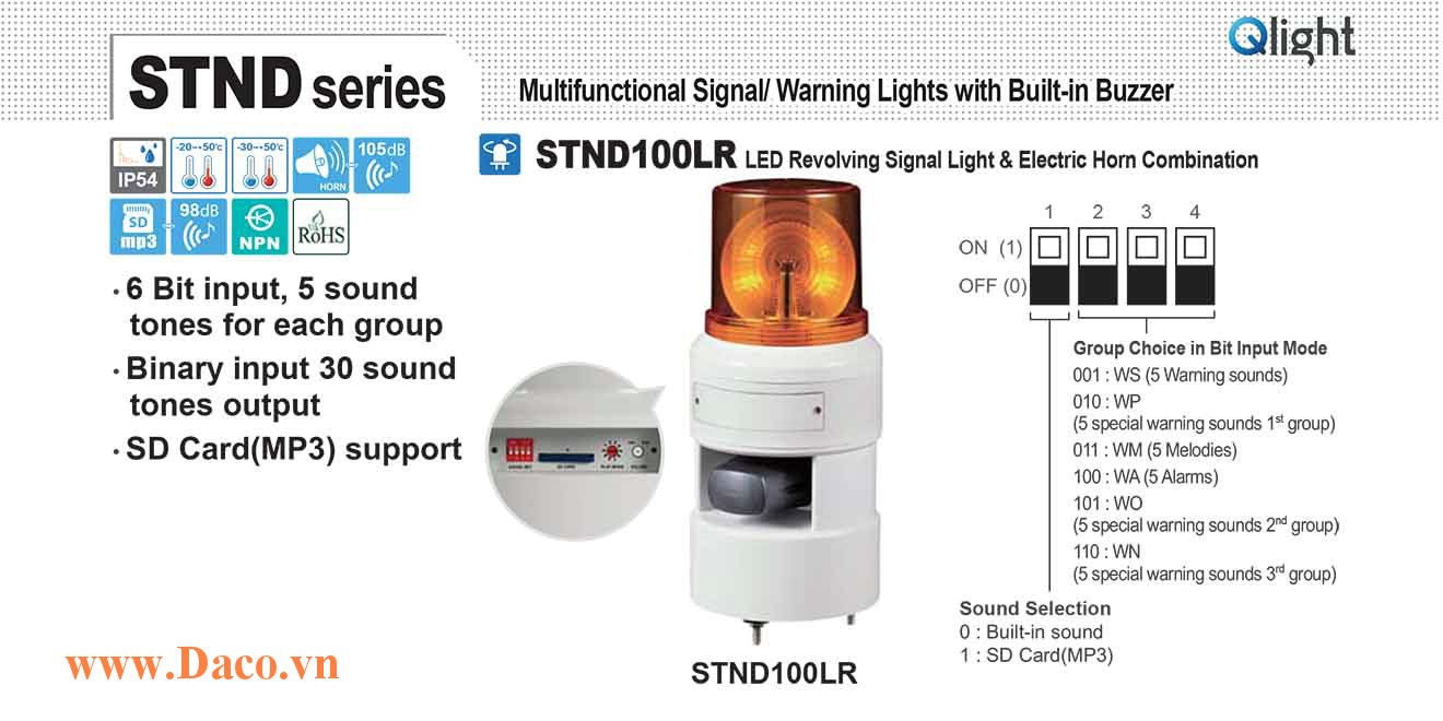 STND100LR-380-R Đèn báo hiệu quay âm MP3 Qlight Φ100 Bóng LED 380VAC IP54