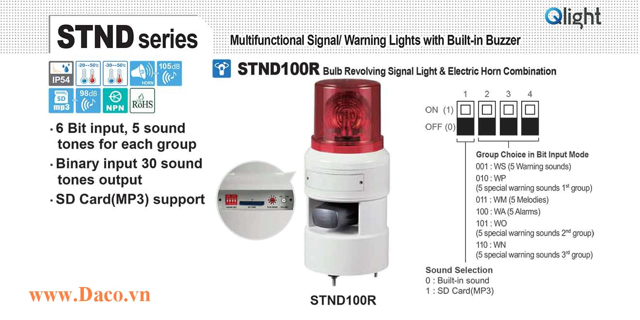 STND100R-380-R Đèn báo hiệu quay âm MP3 Qlight Φ100 Bóng Sợi đốt 380VAC IP54