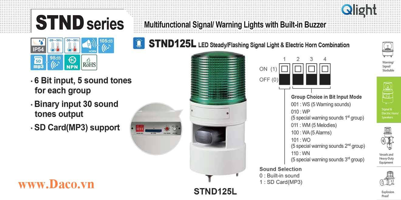 STND125L-48-G Đèn báo hiệu nhấp nháy âm MP3 Qlight Φ125 Bóng LED 48VDC IP54