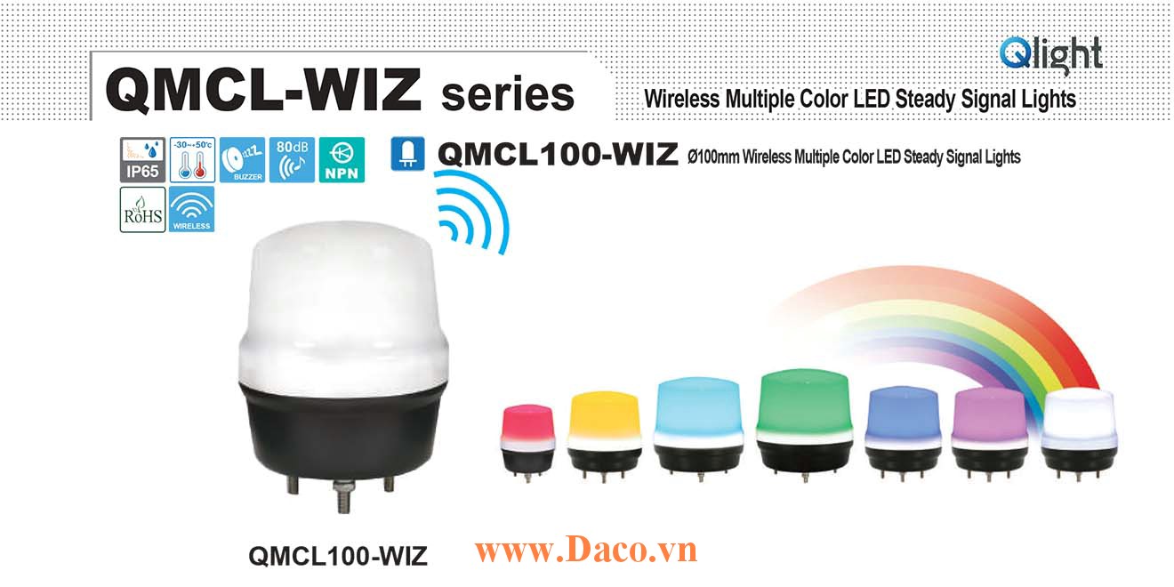 QMCL100-WIZ-24 Đèn báo không dây 7 màu Qlight Φ100 Bóng LED 24VDC IP65, CE