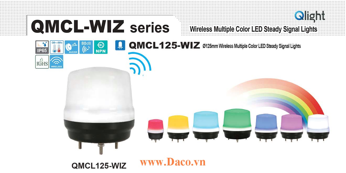 QMCL125-WIZ-12 Đèn báo không dây 7 màu Qlight Φ125 Bóng LED 12VDC IP65, CE