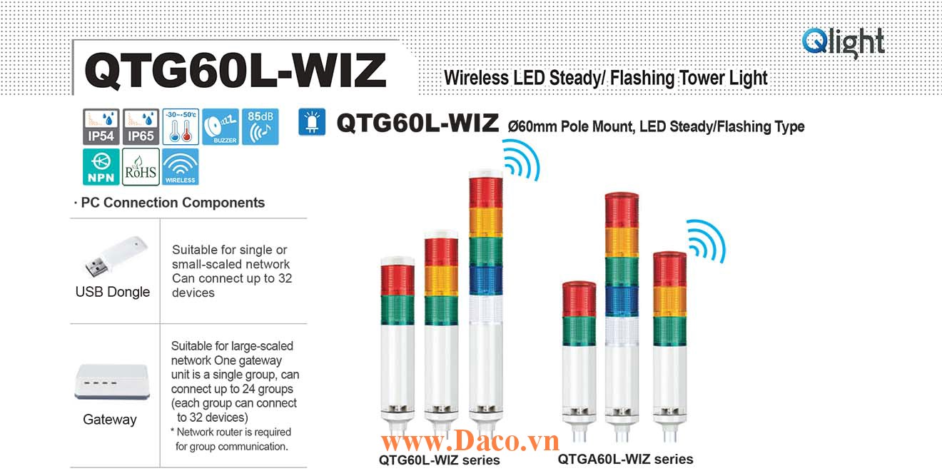 QTG60LF-WIZ-BZ-2-12-RG Đèn tháp không dây Qlight Φ60 Bóng LED 2 tầng Còi Buzzer 85dB IP54