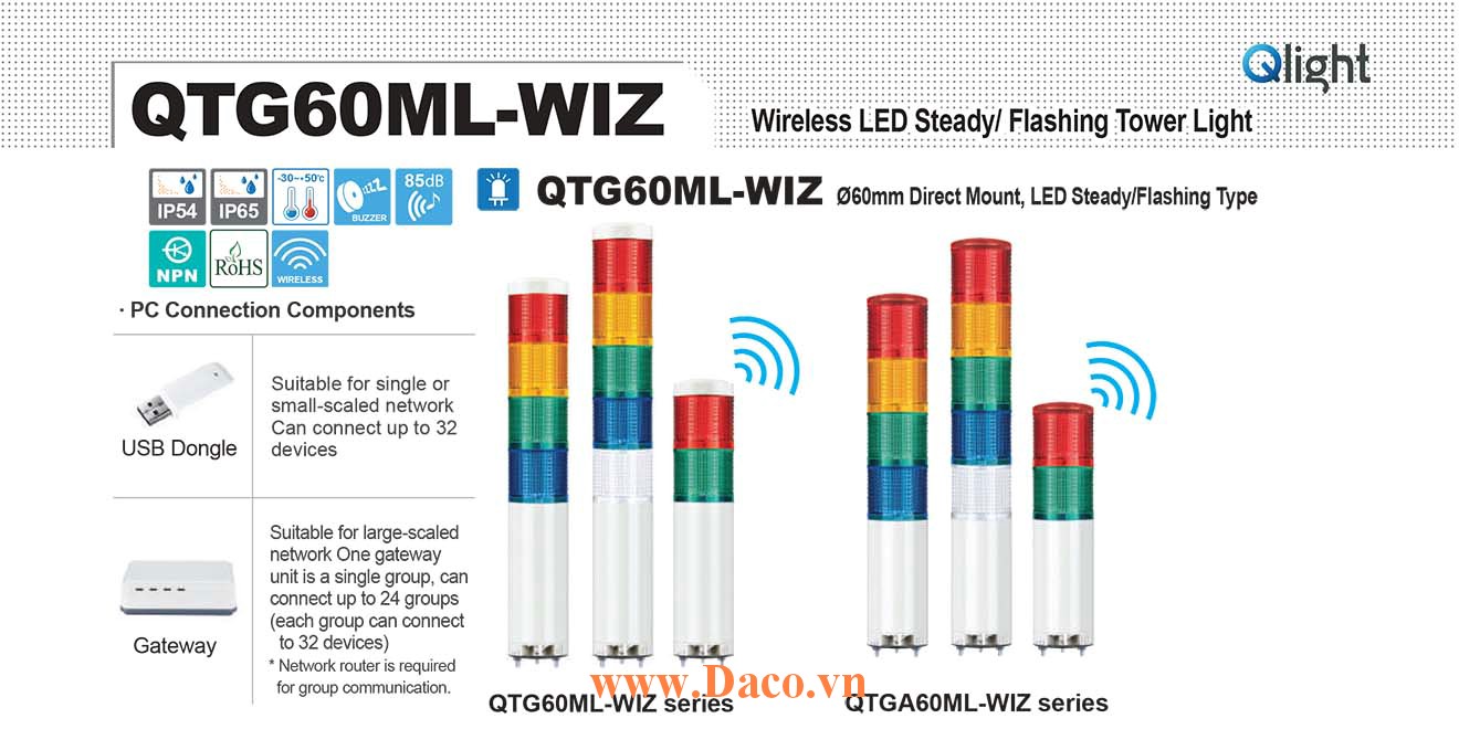 QTGA60MLF-WIZ-BZ-2-24-RG-TWS45 Đèn tháp không dây Qlight Φ60 Bóng LED 2 tầng Còi Buzzer 85dB IP54