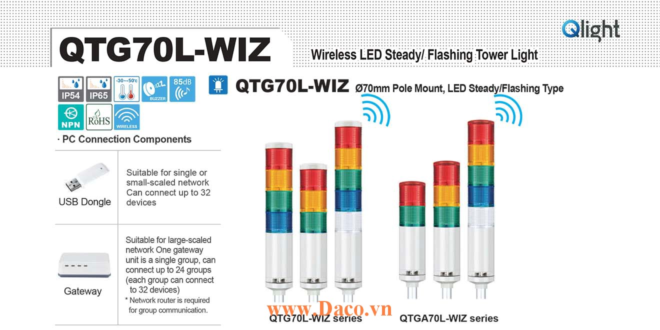 QTG70LF-WIZ-BZ-4-12-RAGB Đèn tháp không dây Qlight Φ70 Bóng LED 4 tầng Còi Buzzer 85dB IP54