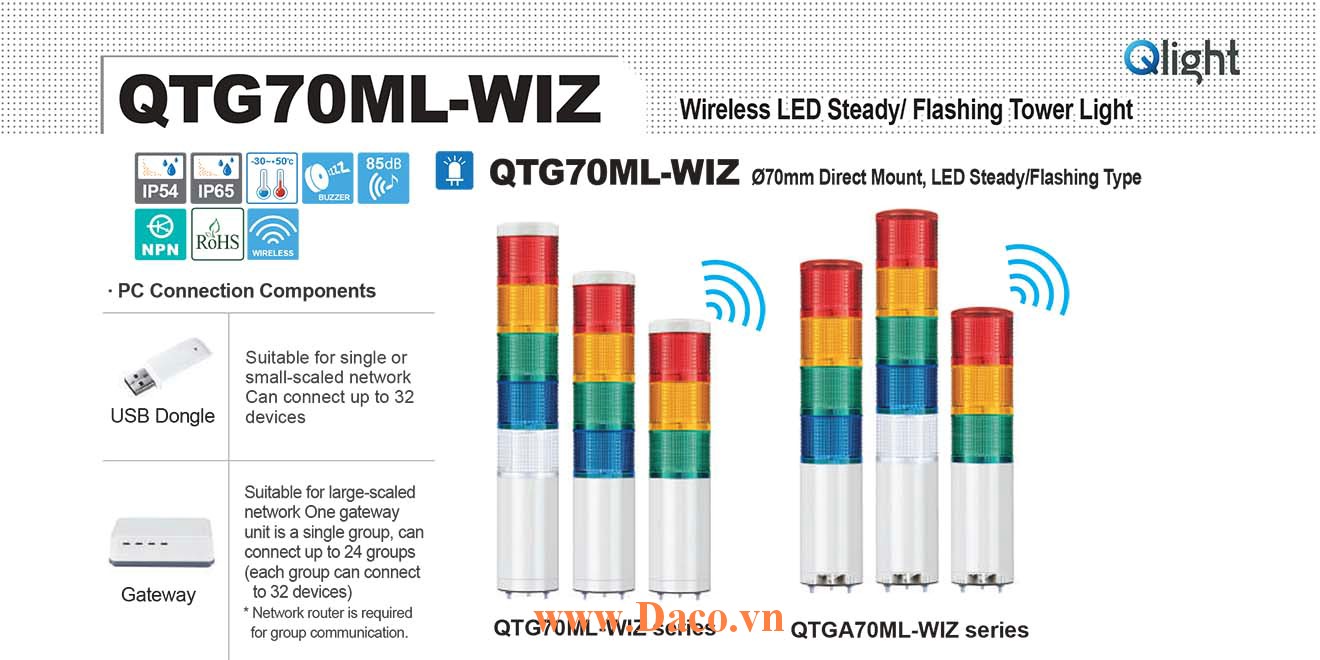 QTG70ML-WIZ-5-110/220-RAGBW-TWA80 Đèn tháp không dây Qlight Φ70 Bóng LED 5 tầng IP65