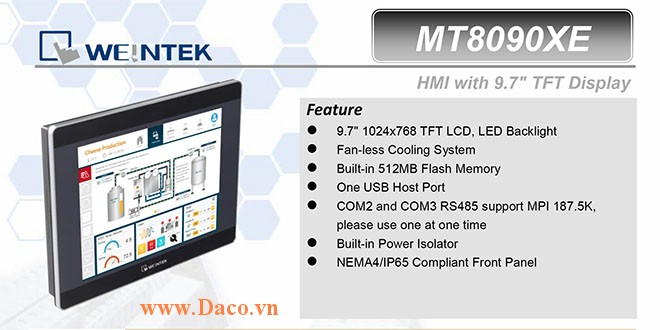 MT8090XE Màn hình cảm ứng HMI Weintek MT8000XE 9.7 Inch Màu RS232, RS422, RS485, LAN-CE, ATEX Zone 2