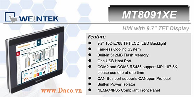 MT8091XE Màn hình cảm ứng HMI Weintek MT8000XE 9.7 Inch Màu RS232, RS422, RS485, LAN-CE, ATEX Zone 2