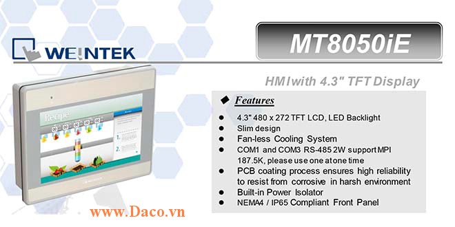MT8050iE Màn hình cảm ứng HMI Weintek MT8000iE 4.3 Inch Màu RS232, RS422, RS485, LAN