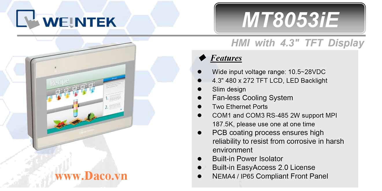 MT8053iE Màn hình cảm ứng HMI Weintek MT8000iE 4.3 Inch Màu RS232, RS422, RS485, LANx2
