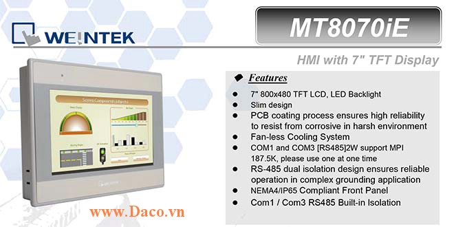 MT8070iE Màn hình cảm ứng HMI Weintek MT8000iE 7 Inch Màu RS232, RS422, RS485, LAN