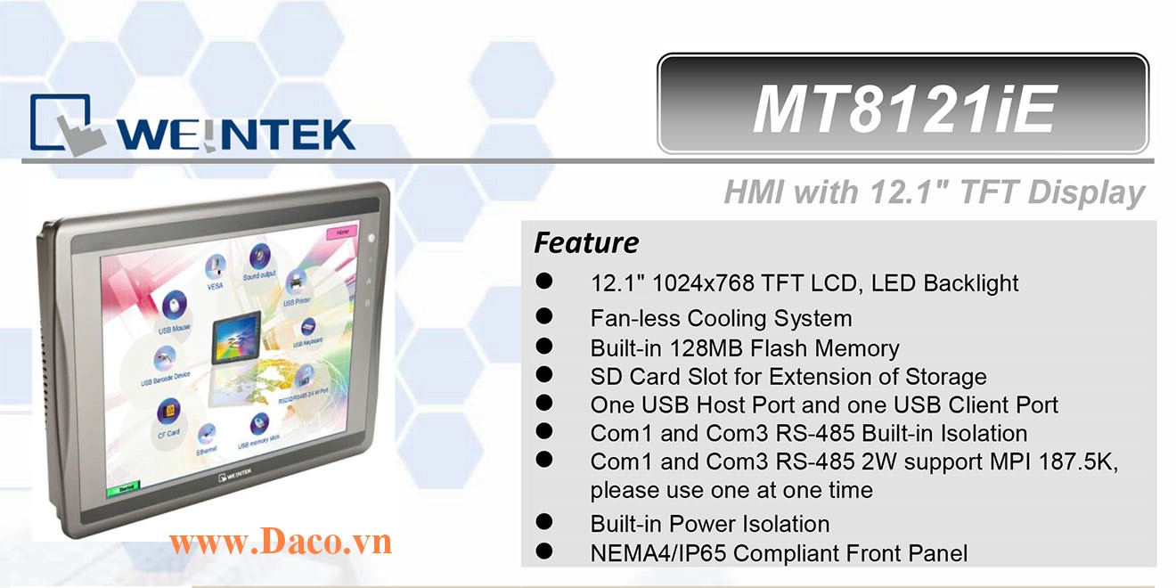 MT8121iE Màn hình cảm ứng HMI Weintek MT8000iE 12 Inch Màu RS232, RS422, RS485, LAN