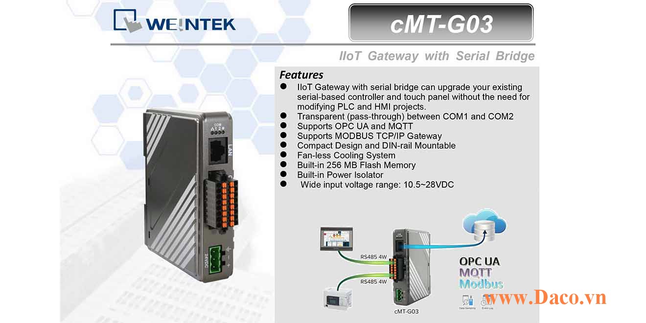 cMT-G03 Serial Brigde Bộ chuyển đổi giao thức Weintek cMT RS232, RS422, RS485, LANx1