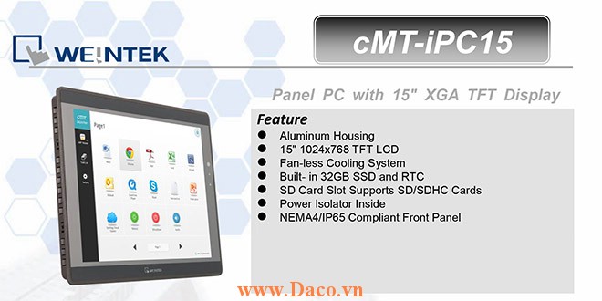 cMT-iPC15WK-WES7 Màn hình cảm ứng HMI Weintek 15 Inch 262K mầu, Ethernet, USB, SD Card, Vỏ Nhựa, Win7 EM