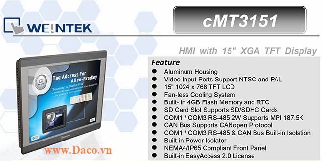 cMT3151 Màn hình cảm ứng HMI Weintek cMT 15 TFT Màu CAN Bus, Audio, Video