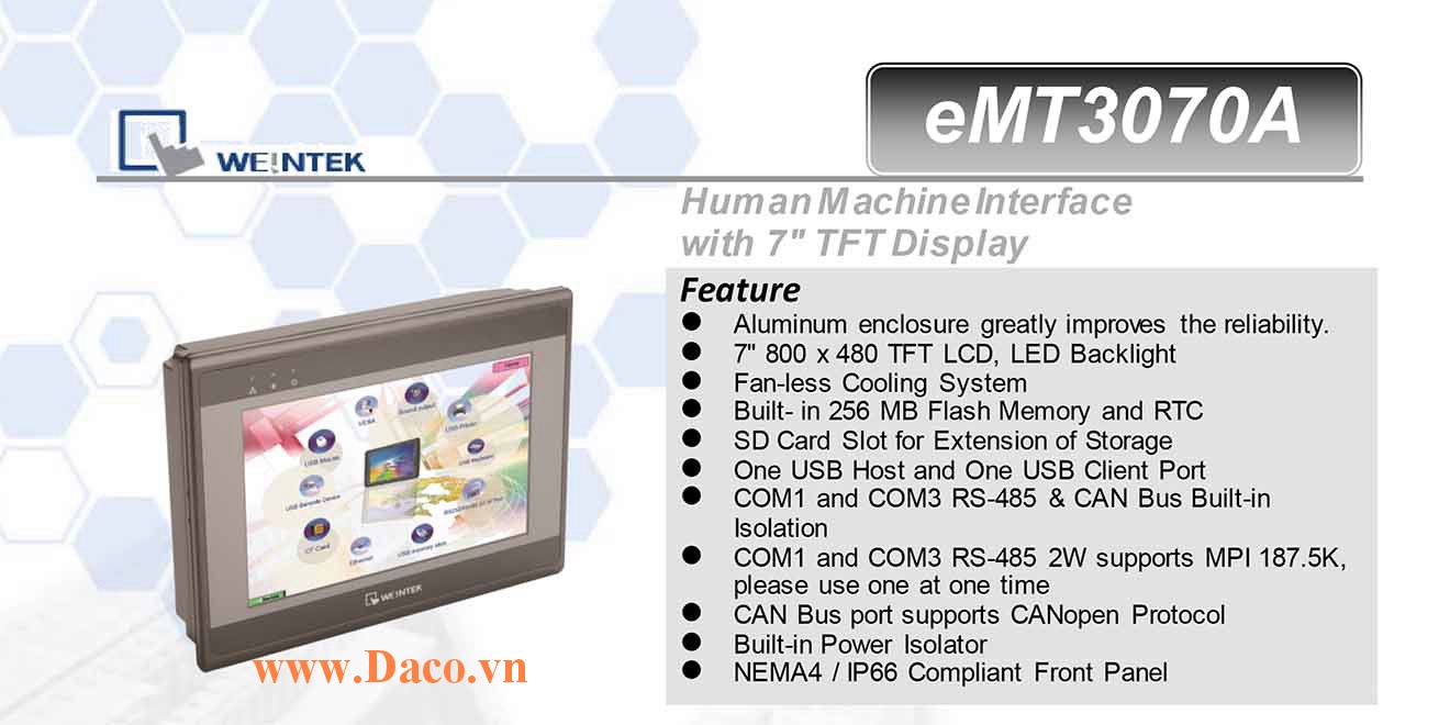 eMT3070A Màn hình cảm ứng HMI Weintek eMT3070A 7 Inch TFT CAN Bus, Audio