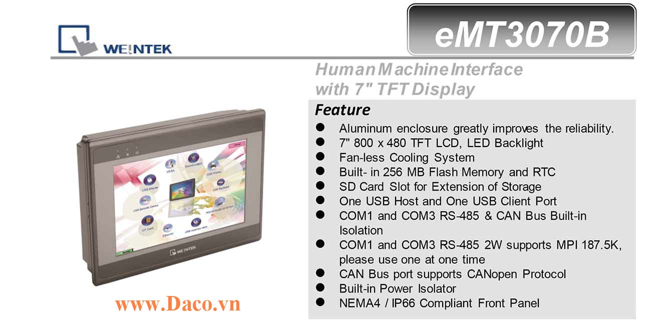 eMT3070B Màn hình cảm ứng HMI Weintek eMT3070B 7 Inch TFT CAN Bus, Audio