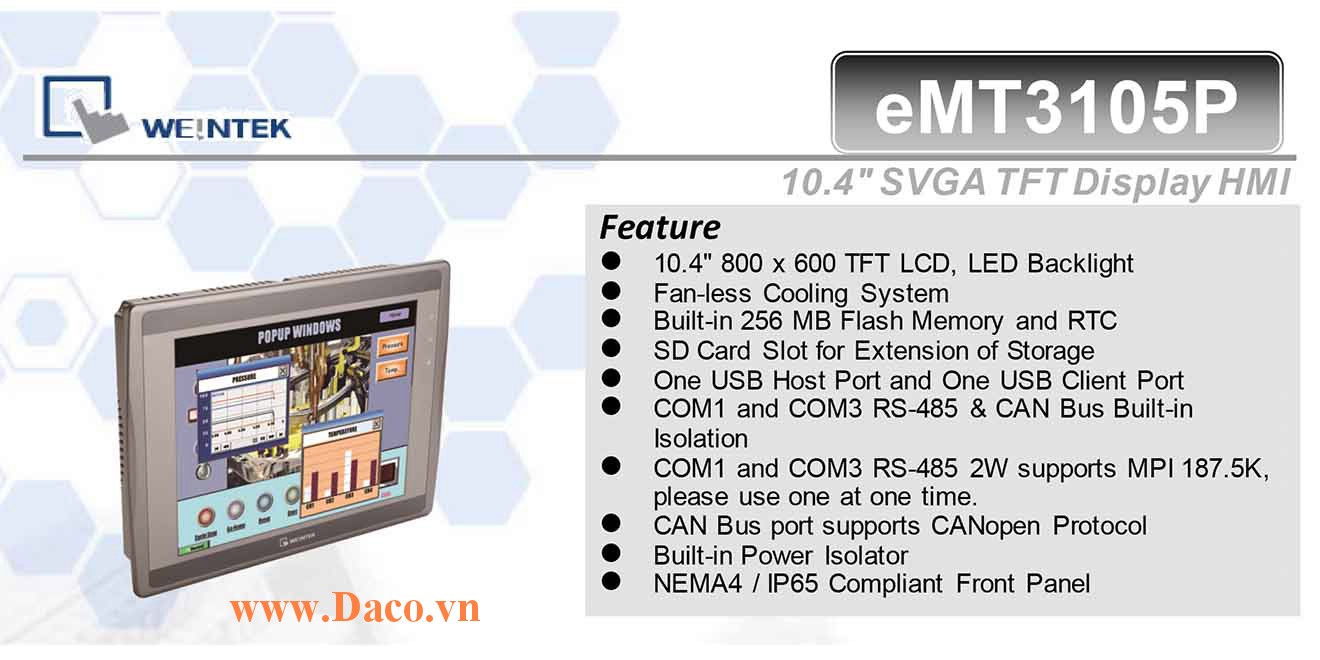 eMT3105P Màn hình cảm ứng HMI Weintek eMT3105P 10.4 Inch TFT CAN Bus, Audio