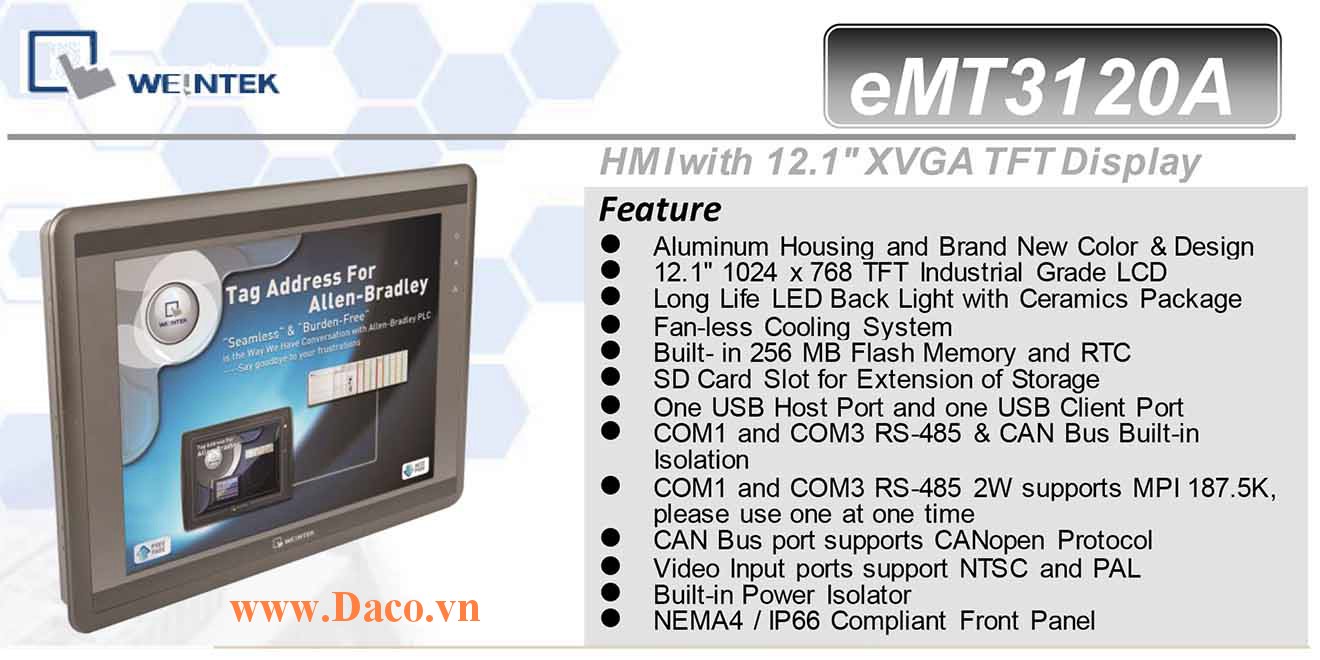 eMT3120A Màn hình cảm ứng HMI Weintek eMT3120A 12.1 Inch TFT CAN Bus, Audio, Video