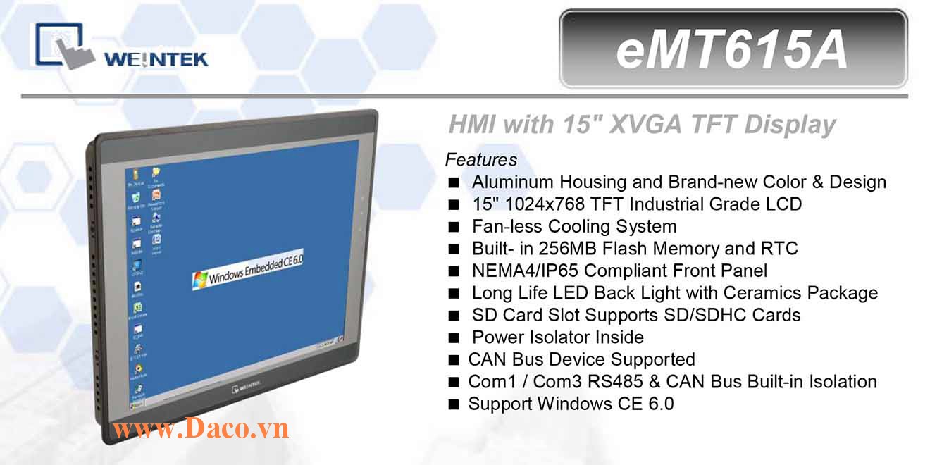 eMT615A Màn hình cảm ứng máy tính công nghiệp HMI Weintek eMT615A 15 Inch TFT CAN Bus, Audio