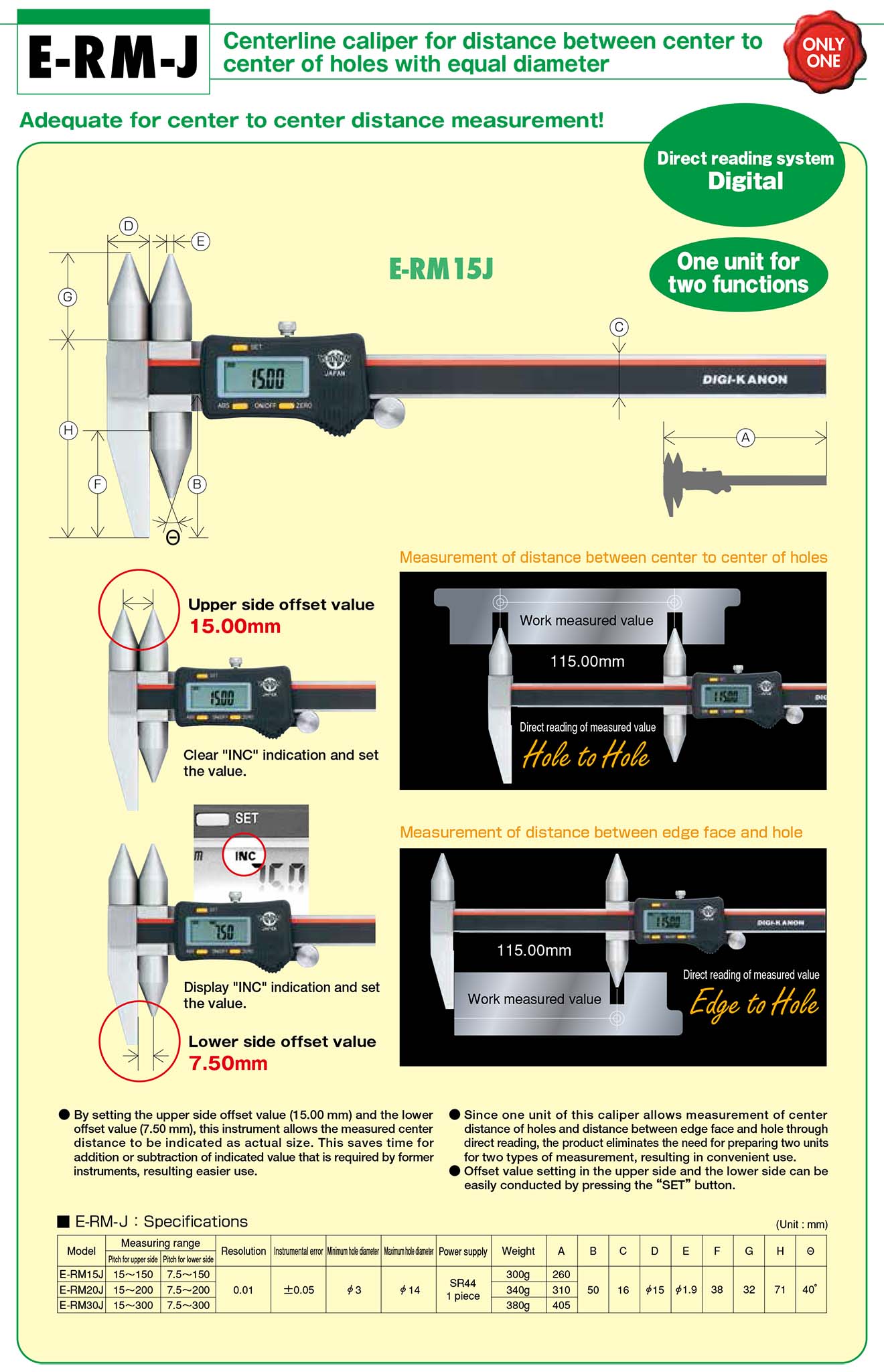 E-RM-J Thước cặp tâm kỹ thuật số Kanon Nakamura Chiều dài đo 15~300 mm-Thông số